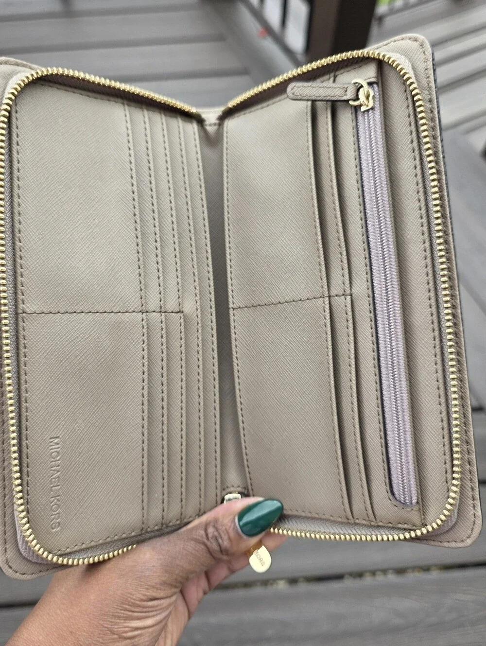 Michael Kors Vintage Taupe Zip-Around Leather Zip Wallet with Gold MK Lock